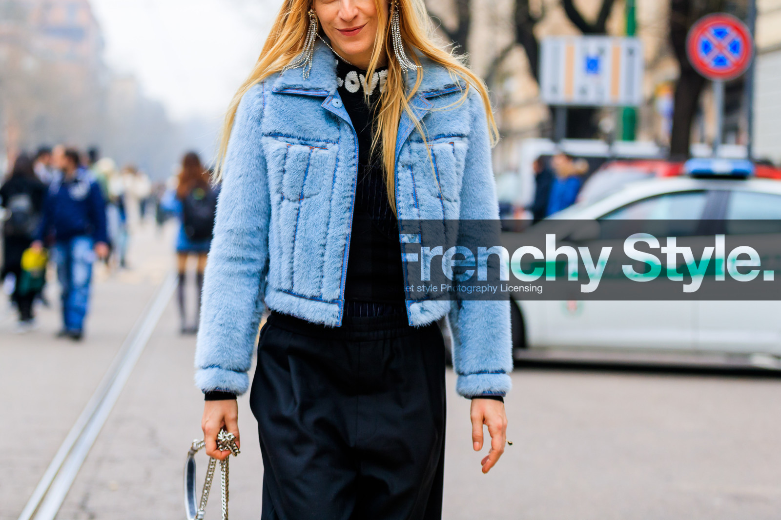 ada kokosar, atmosphere details, AUTUMN WINTER 2017-2018, AW 17-18, black jumpsuit, black pants, black sweater, blue fur coat, blue jacket, detail, earrings, FALL WINTER 2017-2018, fashion week, fendi, frenchystyle, fur jacket, FW, FW 17-18, horizontal, jonathan paciullo, MFW, MILAN, street style, trousers
