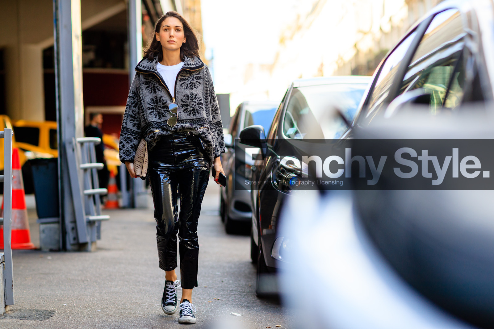 atmosphere details, beige bag, black pants, black sneakers, converse, diletta bonaiuti, fashion week, frenchystyle, full length, FW, grey sweater, horizontal, jonathan paciullo, leather bag, leather pants, leather shoes, PARIS, PFW, printed sweater, SPRING SUMMER 2017, SS 17, street style, studded bag, trousers, turtleneck sweater, varnished leather