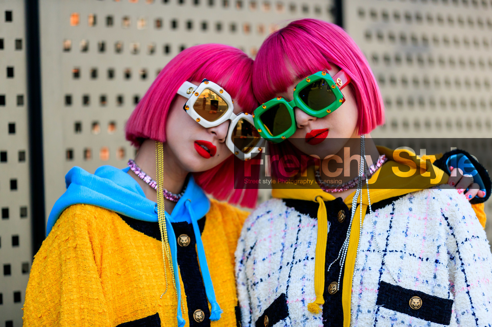 Ami and Aya Suzuki, blue sweater, checked, dyed hair, graphic jacket, gucci, hoodie, necklace, pink hair, plaid, printed jacket, sunglasses, tweed jacket, white jacket, yellow jacket, fashion week, frenchystyle, FW, jonathan paciullo, street style, MFW, MILAN, AUTUMN WINTER 2019-2020, AW 19-20, FALL WINTER 2019-2020, FW 19-20, atmosphere details, detail, horizontal