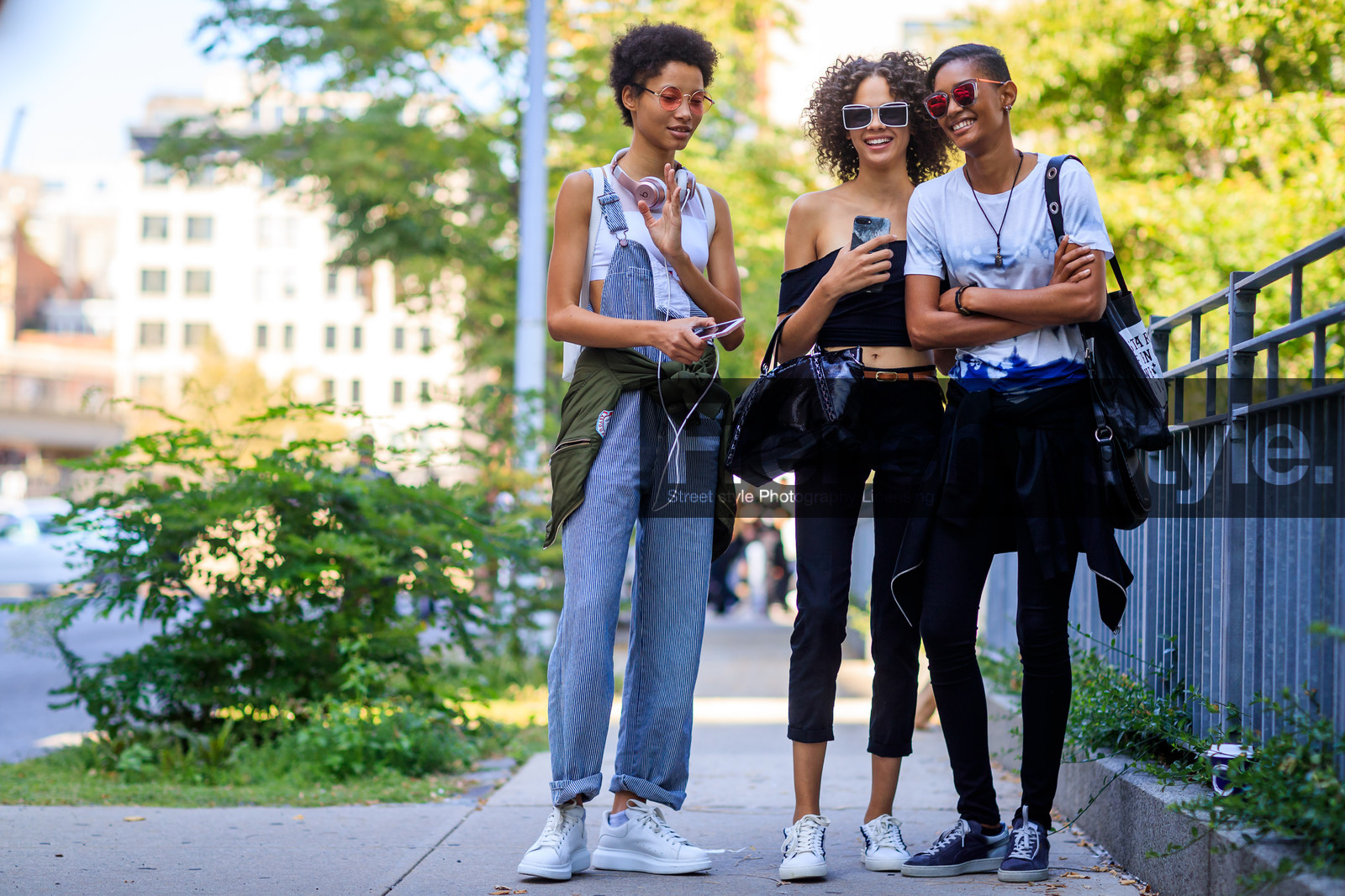 atmosphere details, black bag, black denim, black sneakers, black top, blue jumpsuit, denim pants, detail, fashion week, frenchystyle, FW, graphic jumpsuit, green jacket, headphones, horizontal, iphone, jeans, jonathan paciullo, leather bag, leather shoes, lineisy montero, model, NEW YORK, NYFW, off the shoulder, printed jumpsuit, SPRING SUMMER 2018, SS 18, street style, striped jumpsuit, sunglasses, tie & die, tied up jacket, trousers, white sneakers, white t shirt, Ysaunny Brito