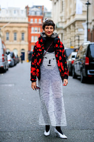black sweater, down jacket, earrings, eva geraldine fontanelli, floral, flowers, graphic dress, graphic jacket, high heels, hood, knit dress, leather shoes, printed dress, printed jacket, red jacket, see through, white dress, white shoes, street style, jonathan paciullo, FW, frenchystyle, fashion week, LFW, LONDON, AUTUMN WINTER 2019-2020, AW 19-20, FW 19-20, FALL WINTER 2019-2020, vertical, full length