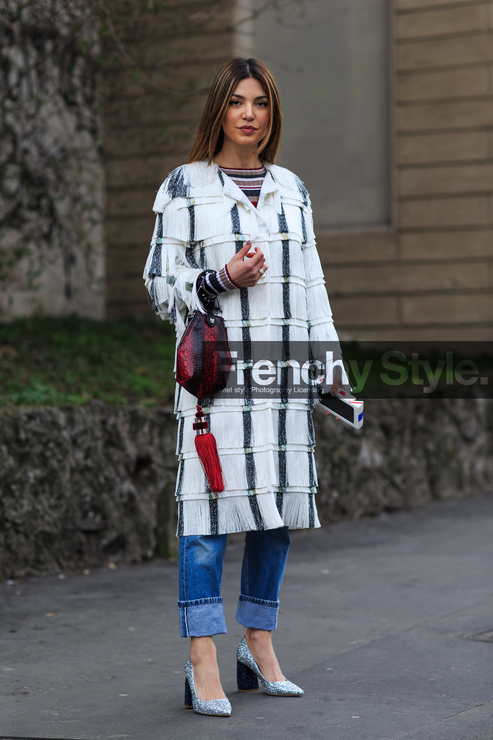 AUTUMN WINTER 2016-2017, AW 16-17, blue denim, denim pants, embroidered jacket, embroidered jean, FALL WINTER 2016-2017, fashion week, frenchystyle, fringes, full length, FW, FW 16-17, glitter, graphic coat, graphic jacket, high heels, jeans, jonathan paciullo, leather bag, LFW, LONDON, marco de vincenzo, MENSWEAR, negin mirsalehi, pompons, red bag, shiny heels, silver shoes, street style, trousers, vertical, white coat, white jacket