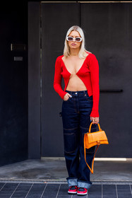 bag, balenciaga, Caroline Ebo, croc bag, dark blue jean, denim, hourglass bag, jacquemus top, jean, jw anderson jeans, leather bag, orange bag, red knit, red sneakers, red top, ribbed knit, sneakers, sunglasses, white sunglasses, fashion week, frenchystyle, FW, jonathan paciullo, street style, MFW, MILAN, SPRING SUMMER 2022, SS 22, vertical, full length
