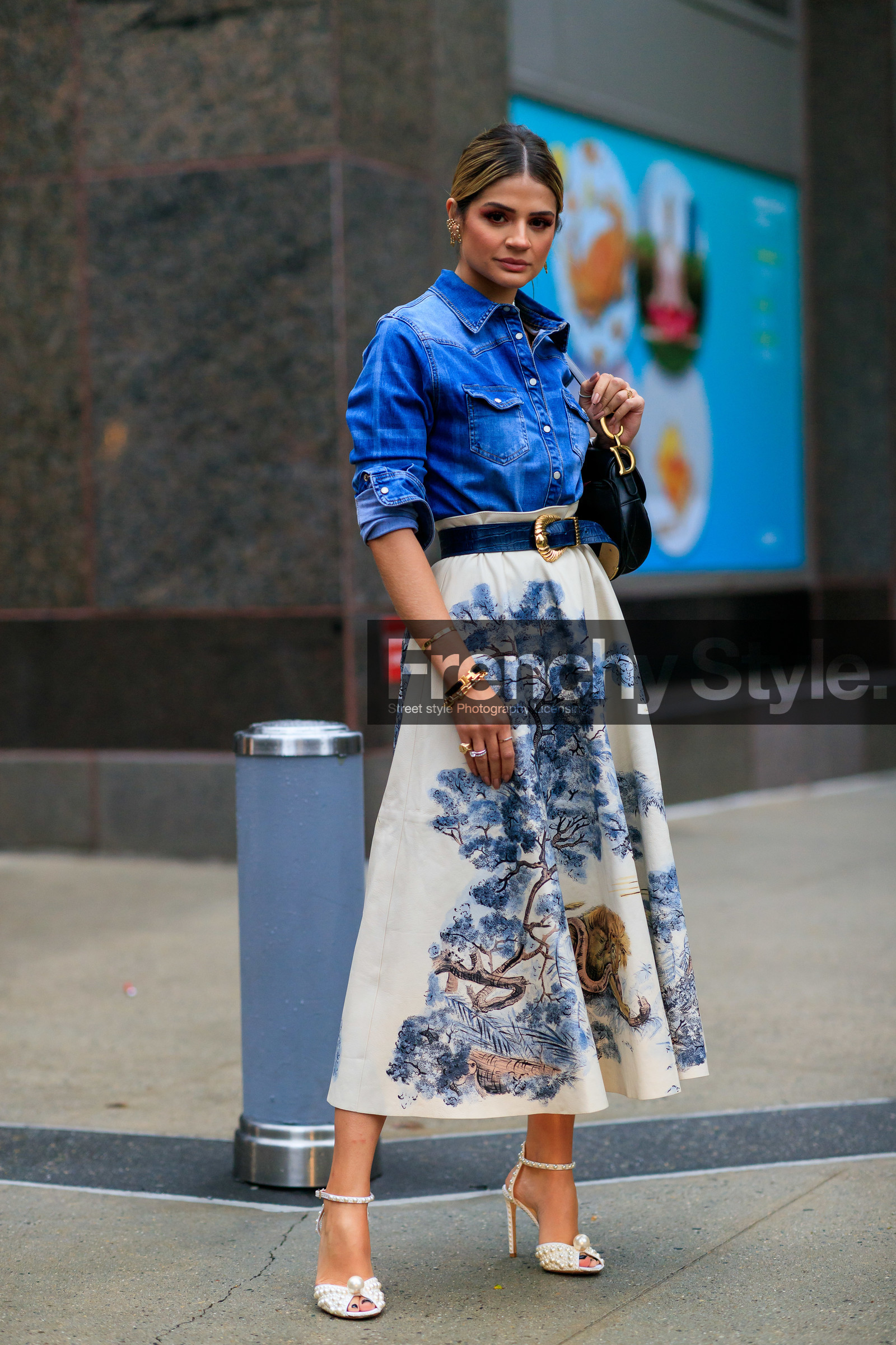 black bag, blue belt, blue denim, christian dior, denim shirt, embroideries, floral, flowers, graphic skirt, high heels, high waist, leather bag, leather belt, leather shoes, pearls, printed skirt, saddle bag, thassia naves, white shoes, white skirt, fashion week, frenchystyle, FW, jonathan paciullo, street style, NEW YORK, NYFW, SPRING SUMMER 2020, SS 20, vertical, full length