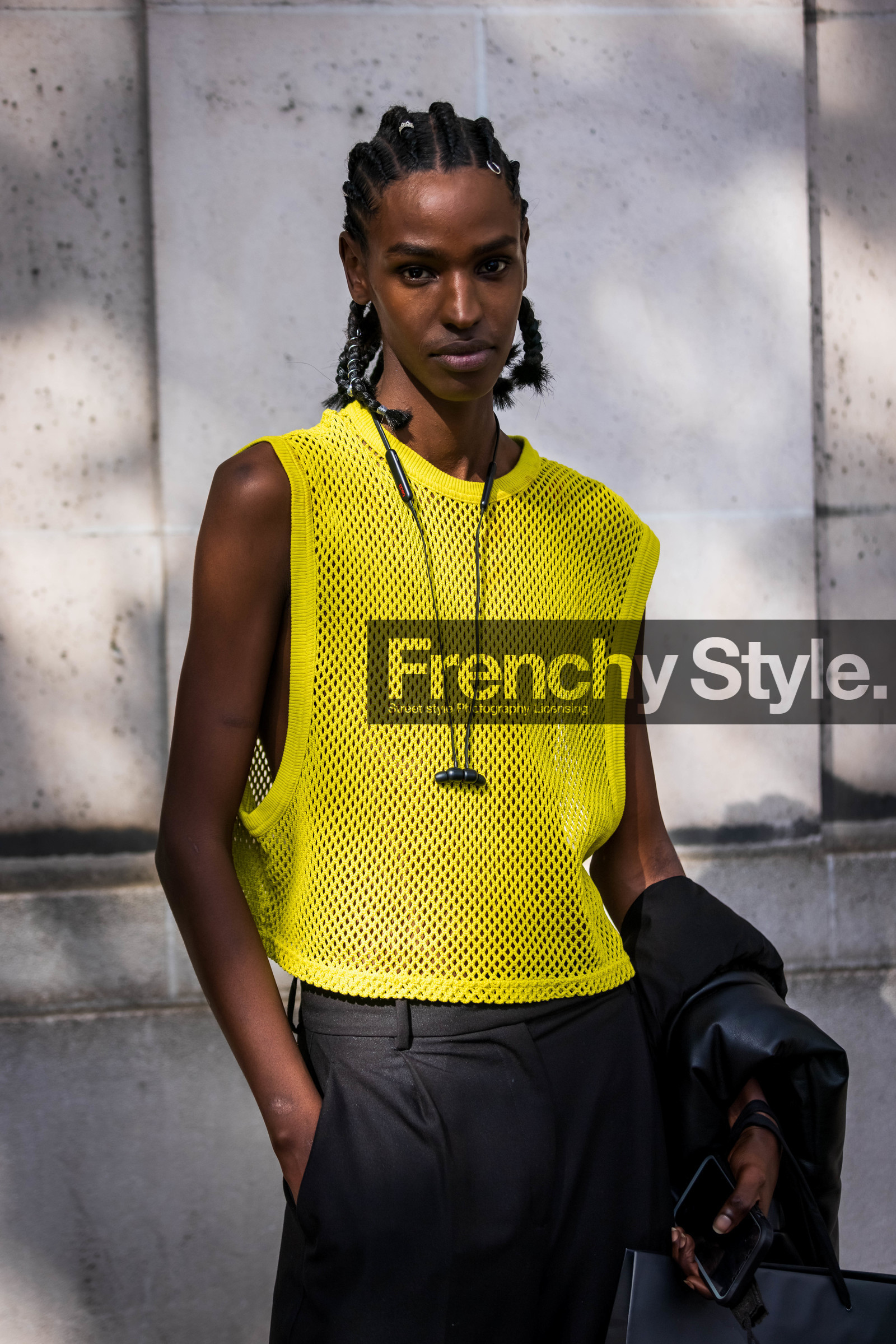 afro braid, black pants, braid, color, hairstyle, menswear, top, yellow top, street style, jonathan paciullo, FW, frenchystyle, fashion week, PFW, PARIS, SPRING SUMMER 2022, SS 22, vertical, atmosphere details, model