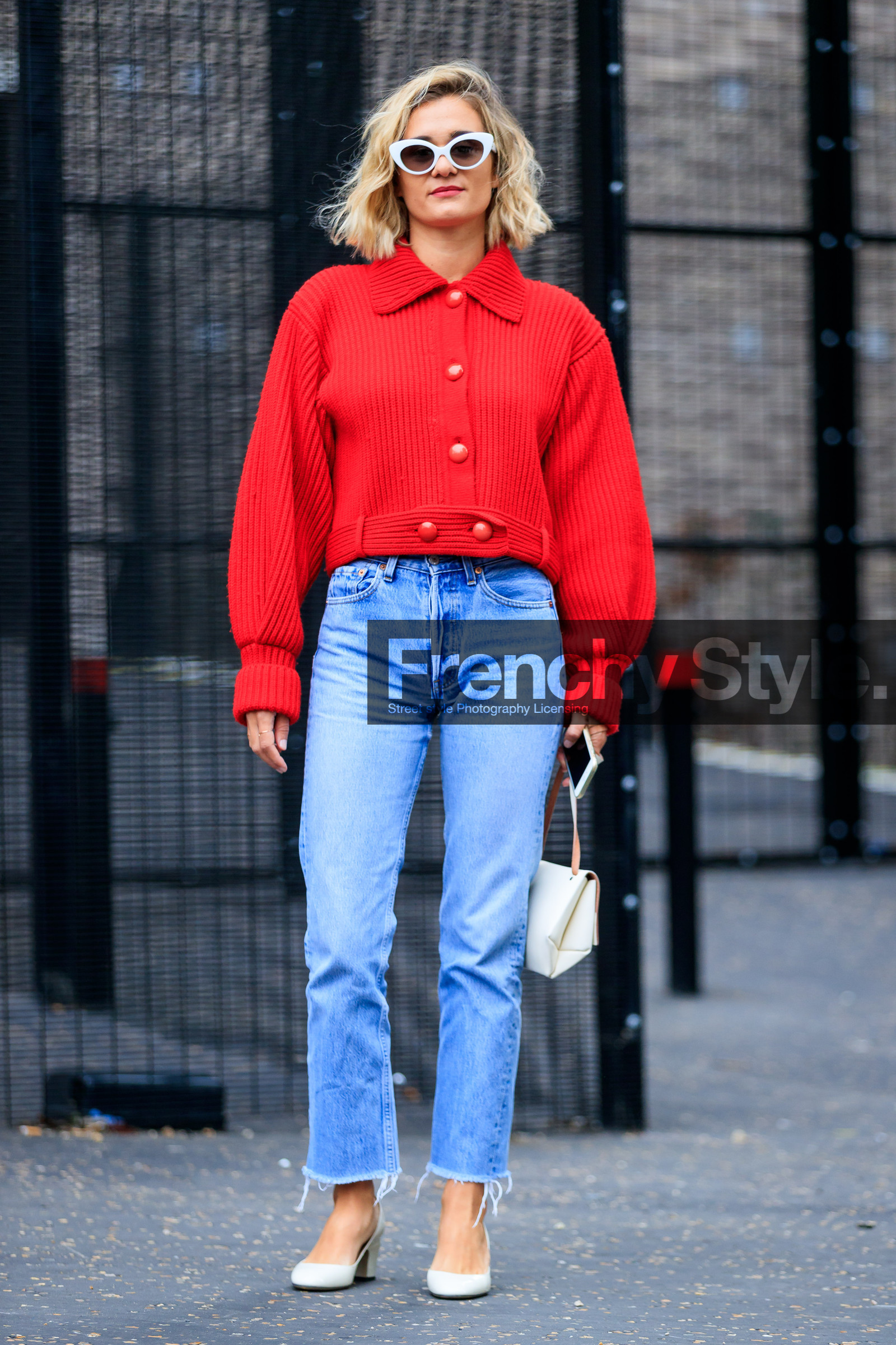 adenorah, AUTUMN WINTER 2017-2018, AW 17-18, blue denim, denim pants, FALL WINTER 2017-2018, fashion week, frenchystyle, full length, FW, FW 17-18, high heels, jeans, jonathan paciullo, leather bag, leather shoes, LFW, LONDON, red jacket, red sweater, street style, sunglasses, trousers, vertical, white bag, white shoes