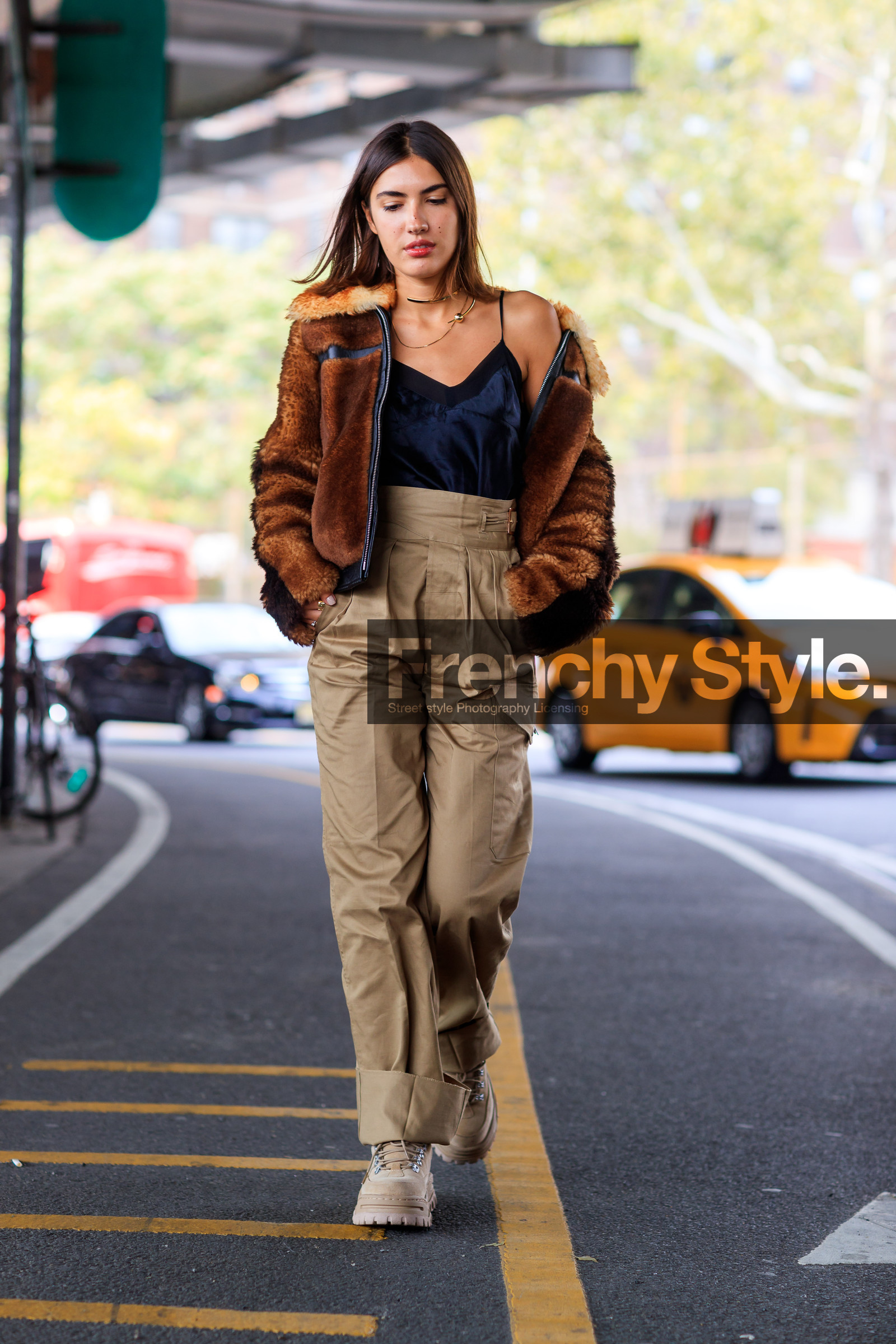beige boots, beige pants, black tank top, brown fur, brown jacket, fashion week, frenchystyle, full length, fur jacket, FW, high waist, jonathan paciullo, leather shoes, NEW YORK, NYFW, patricia manfield, SPRING SUMMER 2018, SS 18, street style, trousers, vertical