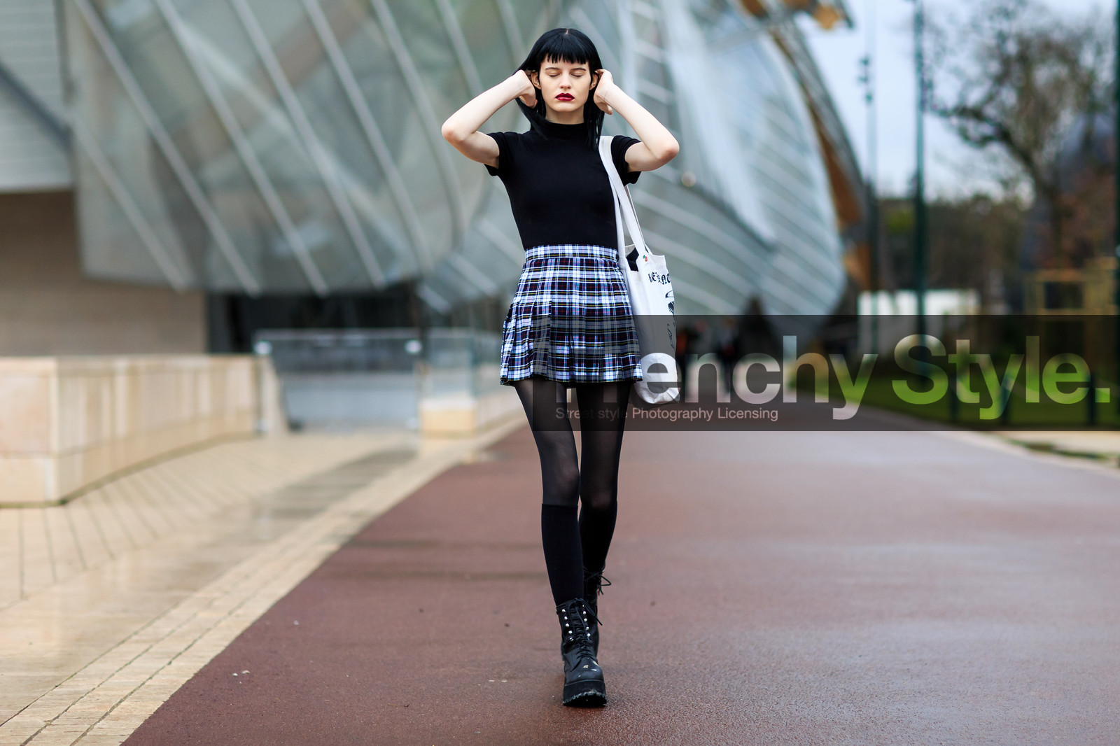 atmosphere details, AUTUMN WINTER 2016-2017, AW 16-17, black boots, black socks, black top, black turtleneck, checked skirt, FALL WINTER 2016-2017, fashion week, frenchystyle, full length, FW, FW 16-17, graphic skirt, hannah elyse, high socks, horizontal, jonathan paciullo, leather boots, model, PARIS, PFW, plaid, printed skirt, red lips, street style, striped skirt, tartan, tights, tote bag