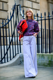 leather bag, purple pants, purple sweater, red bag, trousers, wide pants, fashion week, frenchystyle, FW, jonathan paciullo, street style, LFW, LONDON, AUTUMN WINTER 2018-2019, AW 18-19, FALL WINTER 2018-2019, FW 18-19, vertical, full length, jeanette madsen