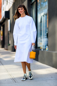 black and white shoes, brie welch, fashion week, frenchystyle, full length, FW, jonathan paciullo, leather bag, leather shoes, NEW YORK, NYFW, orange bag, SPRING SUMMER 2018, SS 18, street style, vertical, white dress