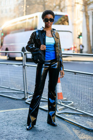 black bag, black jacket, black pants, black shoes, blue top, leather bag, leather jacket, leather pants, leather shoes, prada, sunglasses, trousers, street style, jonathan paciullo, FW, frenchystyle, fashion week, LFW, LONDON, AUTUMN WINTER 2019-2020, AW 19-20, FW 19-20, FALL WINTER 2019-2020, vertical, full length