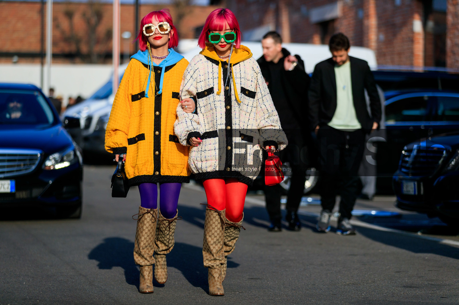 Ami and Aya Suzuki, beige boots, black bag, blue sweater, checked, dyed hair, graphic jacket, gucci, high boots, high heels, hoodie, leather bag, leather shoes, monogram, necklace, pink hair, plaid, printed jacket, red bag, sunglasses, tights, tweed jacket, white jacket, yellow jacket, fashion week, frenchystyle, FW, jonathan paciullo, street style, MFW, MILAN, AUTUMN WINTER 2019-2020, AW 19-20, FALL WINTER 2019-2020, FW 19-20, atmosphere details, full length, horizontal