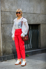xenia adonts, big sunglasses, white sunglasses, futurist shape sunglasses, smoked sunglasses, louis vuitton sunglasses, golden necklace, big chain necklace, white shirt, white blouse, plumetis blouse, plumetis shirt, ruffle blouse, ruffle shirt, sheer boots, sheer shirt, shoulder bag, etro bag, red leather bag, brown leather bag, cachemere printed bag, red pants, red jeans, striped jeans, striped pants, mugler pants, white leather clogs, clogs, high heels slippers, high heels clogs, patchwork jeans, patchwork pants, fashion week, frenchystyle, FW, jonathan paciullo, street style, MFW, MILAN, AUTUMN WINTER 2020-2021, FALL WINTER 2020-2021, FW 20-21, vertical, full length
