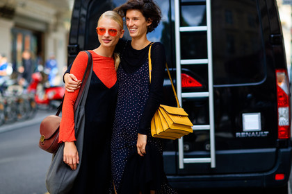 atmosphere details, black dress, black sweater, blue dress, brown bag, detail, fashion week, frenchystyle, FW, horizontal, jonathan paciullo, leather bag, model, PARIS, PFW, polka dot, printed dress, red sweater, SPRING SUMMER 2017, SS 17, street style, sunglasses, yellow bag