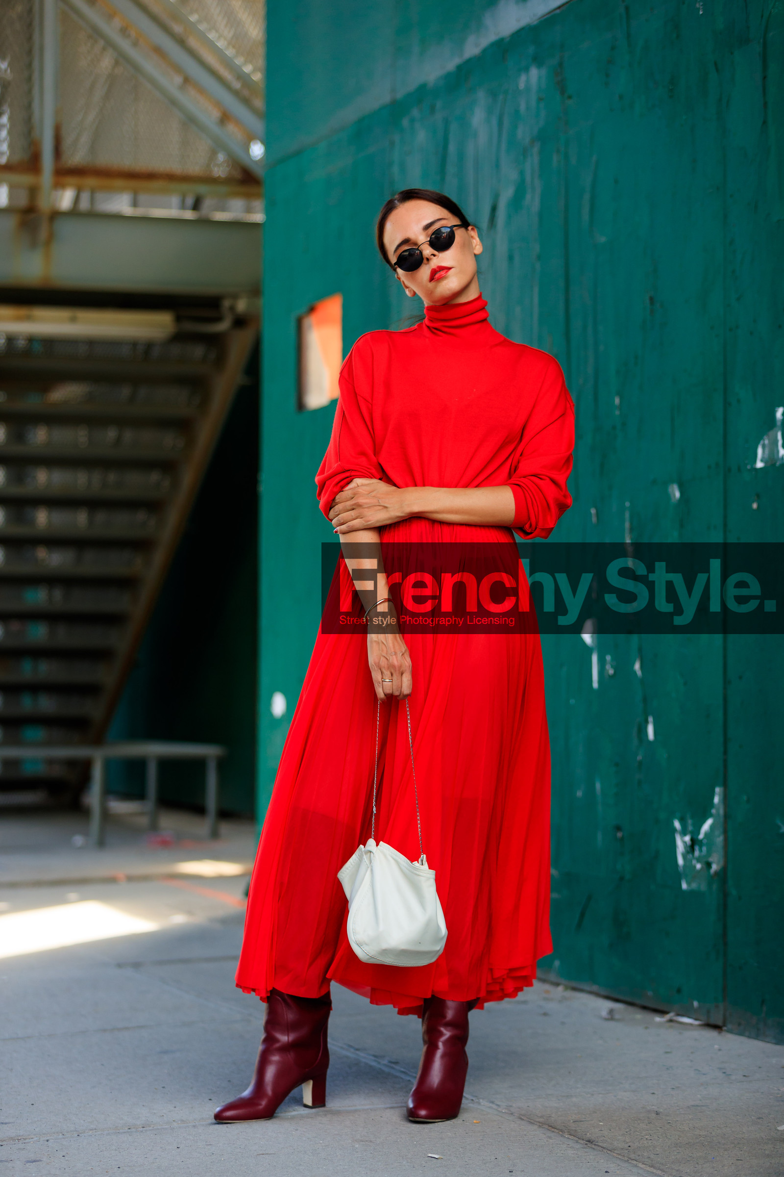 bordeaux, burgundy, evangelie smyrniotaki, fashion week, frenchystyle, full length, FW, high heels, jonathan paciullo, leather bag, leather shoes, NEW YORK, NYFW, red boots, red dress, SPRING SUMMER 2018, SS 18, street style, sunglasses, vertical, white bag