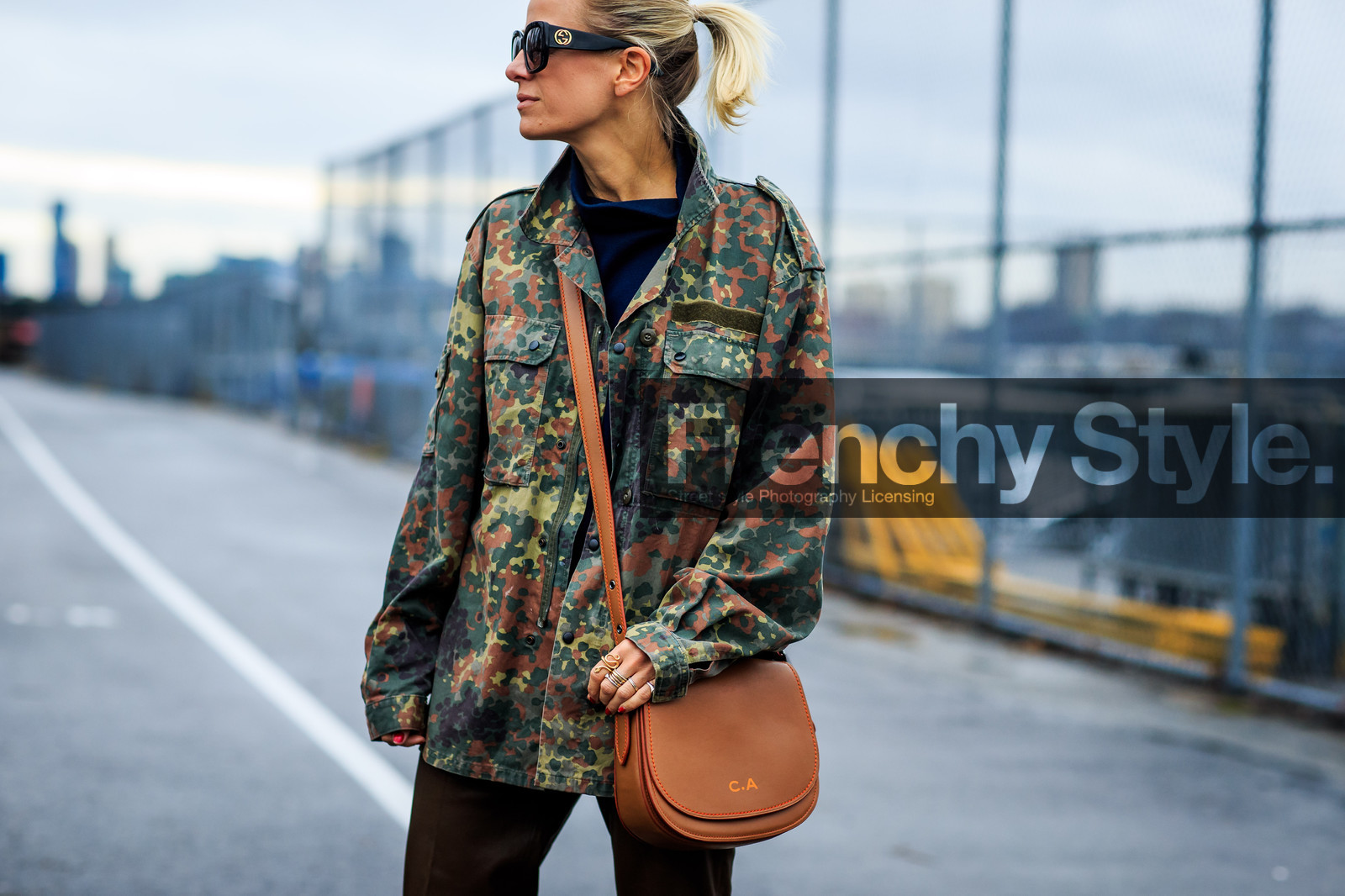 atmosphere details, AUTUMN WINTER 2016-2017, AW 16-17, black turtleneck, camel bag, camo jacket, camouflage, celine aagaard, detail, fashion week, frenchystyle, FW, FW 16-17, green pants, horizontal, jonathan paciullo, kaki jacket, kaki pants, leather bag, leather pants, military, military jacket, NEW YORK, NYFW, printed jacket, street style, sunglasses, trousers, woman