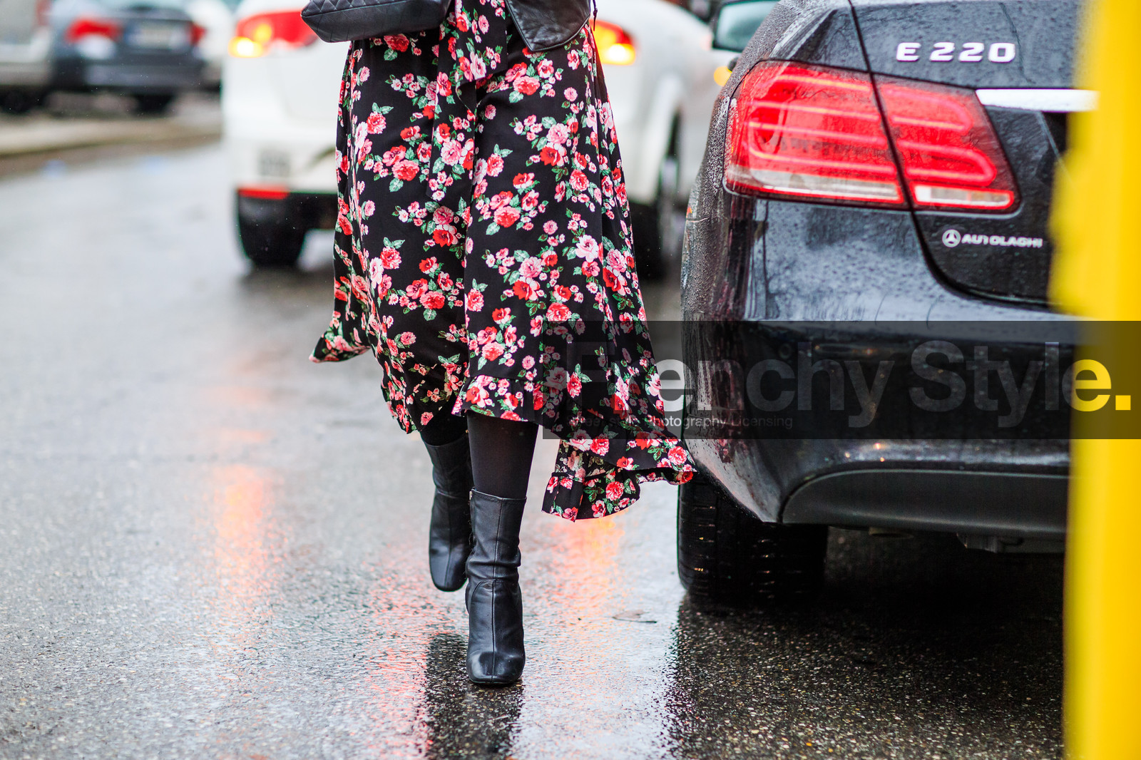 atmosphere details, AUTUMN WINTER 2016-2017, AW 16-17, black boots, black dress, detail, FALL WINTER 2016-2017, fashion week, floral, flower, frenchystyle, FW, FW 16-17, high heels, horizontal, jonathan paciullo, leather boots, LFW, LONDON, MENSWEAR, printed dress, street style