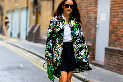 atmosphere details, black skirt, detail, fashion week, floral, flower, frenchystyle, FW, green bag, green coat, green jacket, horizontal, jimmy choo, jonathan paciullo, LFW, LONDON, printed coat, printed jacket, SPRING SUMMER 2017, SS 17, street style, suede bag, sunglasses, tamara kalinic, white shirt, woman