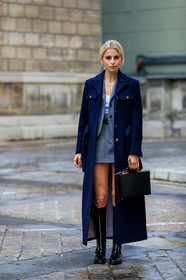 caro daur, navy blue coat, long coat, grey jacket, grey skirt, mini skirt, belted skirt, tweed jacket, tweed skirt, black leather bag, black leather boots, zipped boots, high boots, flat boots, fur collar coat, thom browne bag, thom browne boots, thom browne coat, thom browne jacket, thom browne look, thom browne skirt, fashion week, frenchystyle, FW, jonathan paciullo, street style, PFW, PARIS, SPRING SUMMER 2020, SS 20, horizontal, full length