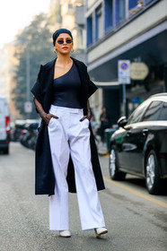 asymetric, black coat, black scarf, black top, caro daur, earrings, headscarf, leather shoes, one shoulder, sunglasses, trousers, white pants, white shoes, street style, jonathan paciullo, FW, frenchystyle, fashion week, MFW, MILAN, AUTUMN WINTER 2019-2020, AW 19-20, FALL WINTER 2019-2020, FW 19-20, vertical, full length