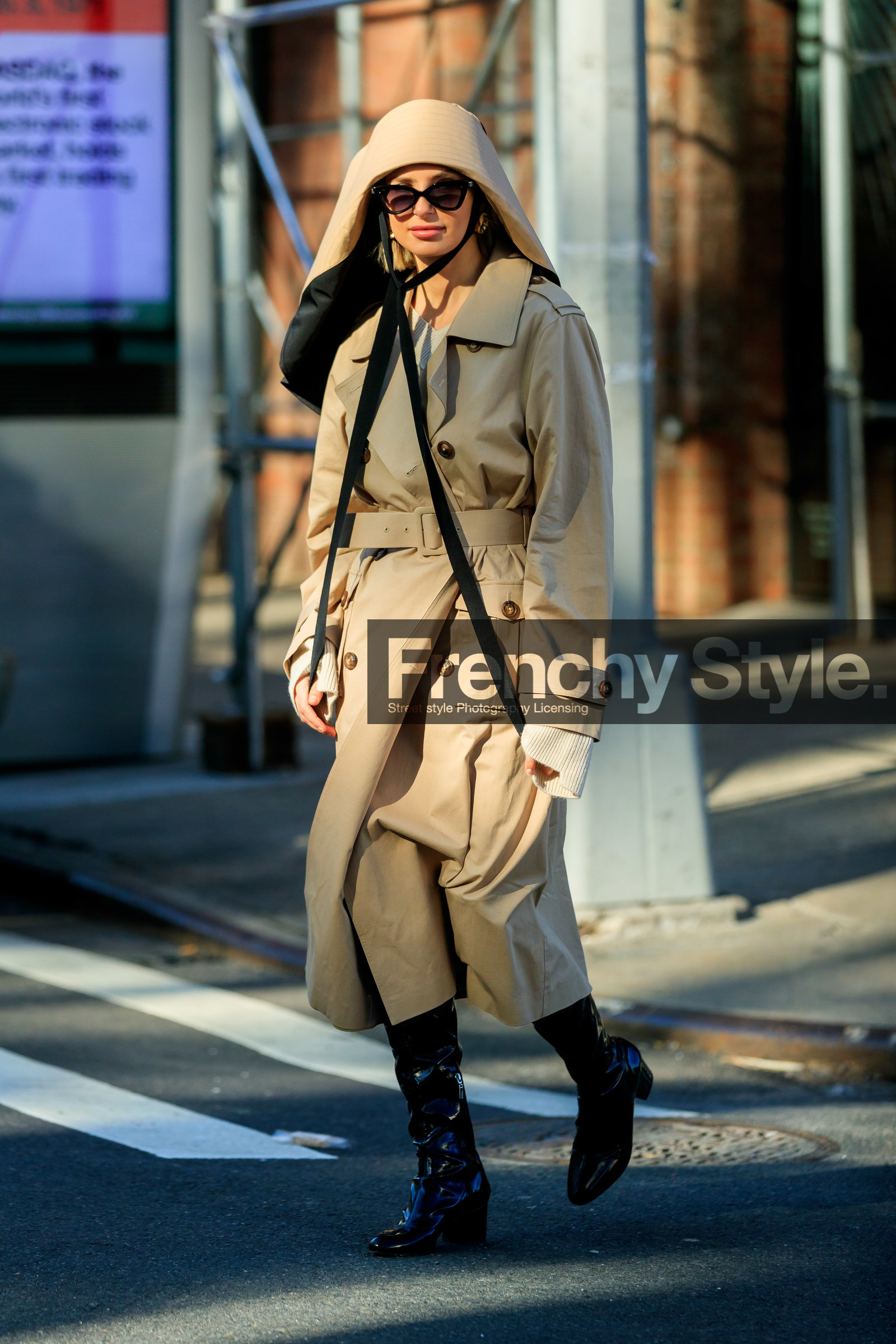 xenia adonts, beige hat, beige trench coat, big hat, belted trench coat, black polish boots, high boots, kitten heels boots, light beige hat, light beige trench coat, fashion week, frenchystyle, FW, jonathan paciullo, street style, AUTUMN WINTER 2020-2021, FALL WINTER 2020-2021, FW 20-21, vertical, full length, NYFW, NEW YORK