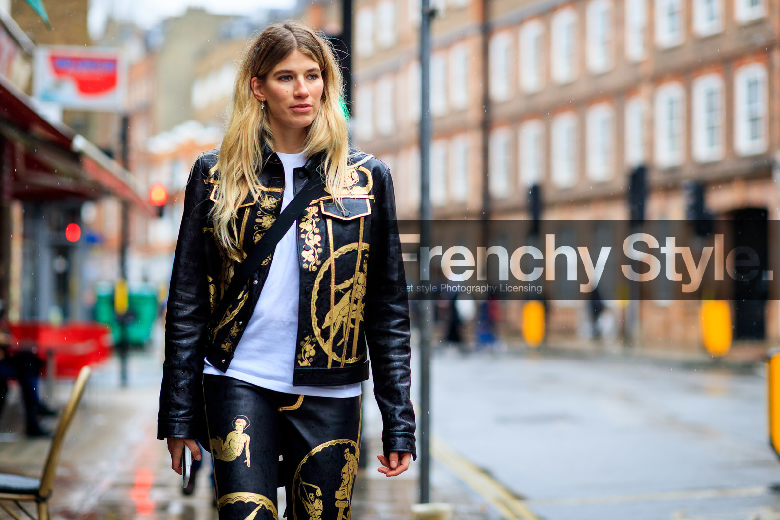 black jacket, black pants, graphic jacket, graphic pants, leather jacket, leather pants, printed jacket, printed pants, trousers, veronika heilbrunner, white t shirt, LONDON, LFW, fashion week, frenchystyle, FW, jonathan paciullo, street style, AUTUMN WINTER 2019-2020, AW 19-20, FW 19-20, FALL WINTER 2019-2020, horizontal, atmosphere details, detail