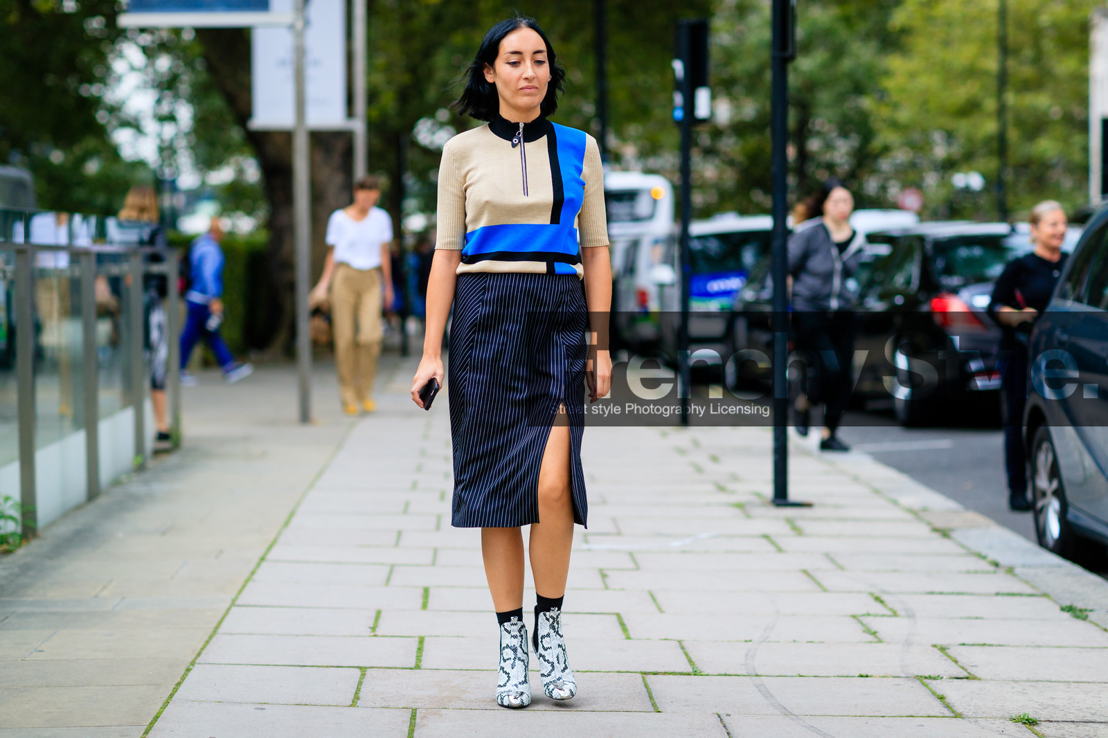 atmosphere details, beige sweater, black skirt, fashion week, frenchystyle, full length, FW, graphic sweater, high heels, horizontal, jonathan paciullo, leather shoes, LFW, LONDON, patchwork, printed shoes, printed skirt, printed sweater, SPRING SUMMER 2017, SS 17, street style, striped skirt, white boots, woman, zip