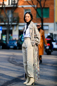 animal print, beige boots, beige jacket, beige pants, black turtleneck, céline, graphic jacket, high heels, leather shoes, printed jacket, snake print, sunglasses, trousers, white shirt, yoyo cao, MILAN, MFW, fashion week, frenchystyle, FW, jonathan paciullo, street style, AUTUMN WINTER 2019-2020, AW 19-20, FALL WINTER 2019-2020, FW 19-20, vertical, full length