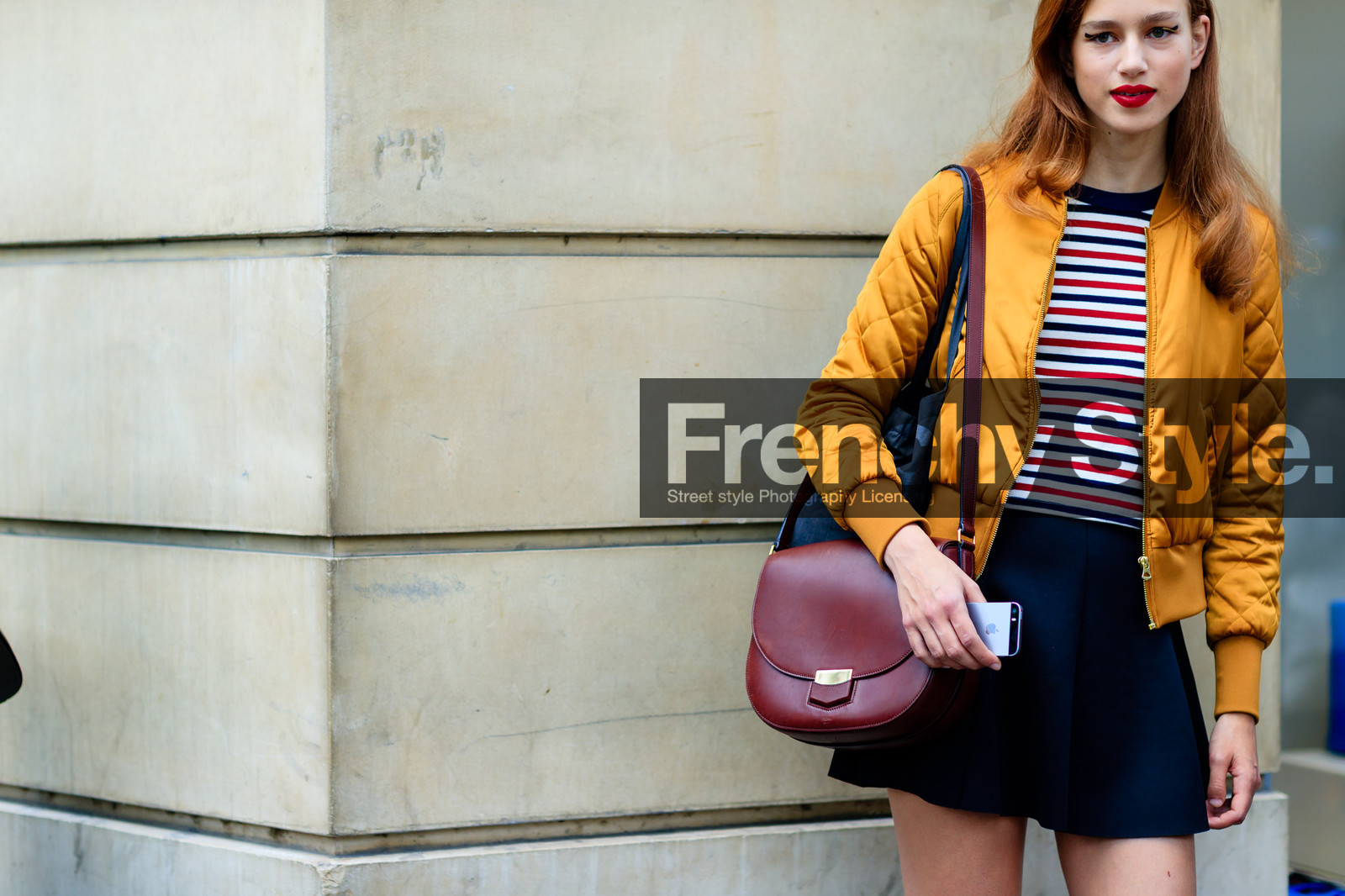 atmosphere details, AUTUMN WINTER 2016-2017, AW 16-17, blue skirt, bomber jacket, brown bag, detail, FALL WINTER 2016-2017, fashion week, frenchystyle, FW, FW 16-17, geometric, graphic top, HAUTE COUTURE, horizontal, jonathan paciullo, leather bag, MENSWEAR, model, PARIS, PFW, red bag, street style, striped top, stripes, yellow jacket