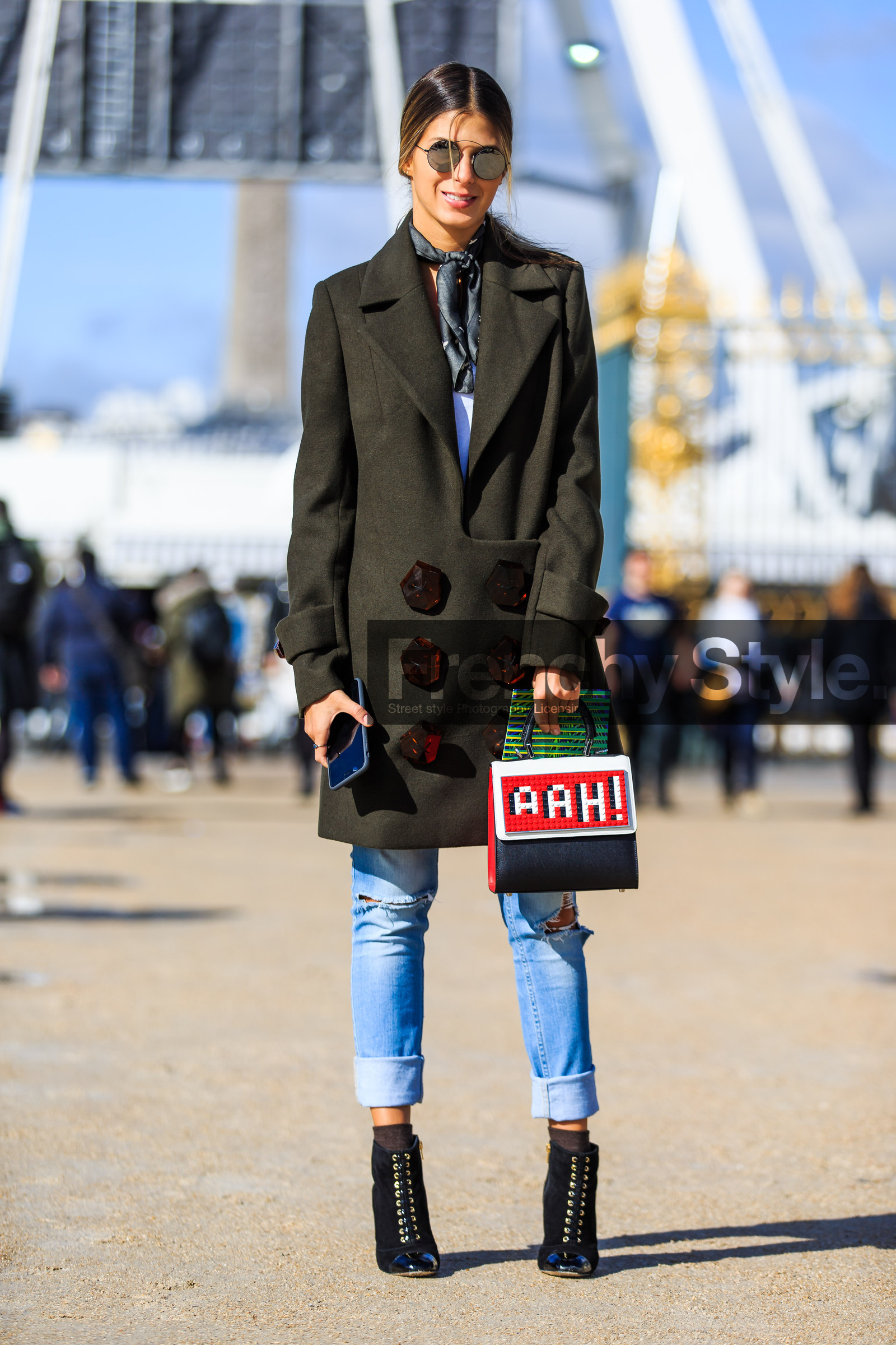 AUTUMN WINTER 2016-2017, AW 16-17, black boots, blue denim, denim pants, FALL WINTER 2016-2017, fashion week, frenchystyle, full length, fun bag, FW, FW 16-17, green coat, grey scarf, high heels, jeans, jonathan paciullo, kaki coat, leather bag, leather boots, les petits joueurs, PARIS, PFW, printed bag, street style, sunglasses, trousers, vertical