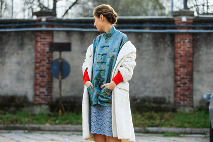 atmosphere details, AUTUMN WINTER 2016-2017, AW 16-17, blue jacket, blue skirt, chinese print, detail, FALL WINTER 2016-2017, fashion week, frenchystyle, FW, FW 16-17, high heels, horizontal, jenny walton, jonathan paciullo, lace skirt, LFW, LONDON, MENSWEAR, off the shoulder, satin, street style, white coat