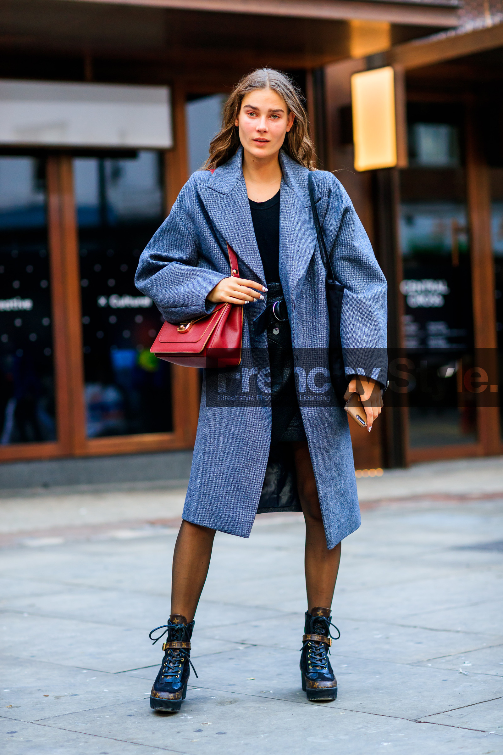 black shoes, fashion week, frenchystyle, full length, FW, grey coat, high heels, jonathan paciullo, lace up shoes, leather bag, leather shoes, LFW, LONDON, louis vuitton, model, monogram, red bag, SPRING SUMMER 2018, SS 18, street style, vertical