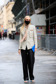 white jacket, striped blouse, striped jacket, lavalliere collar, red blouse, metalic frame glasses, smoked sunglasses, blue leather clutch, green blouse, black leather pants, loose pants, covid face mask, PARIS, PFW, fashion week, frenchystyle, FW, jonathan paciullo, street style, SPRING SUMMER 2021, SS 21, vertical, full length