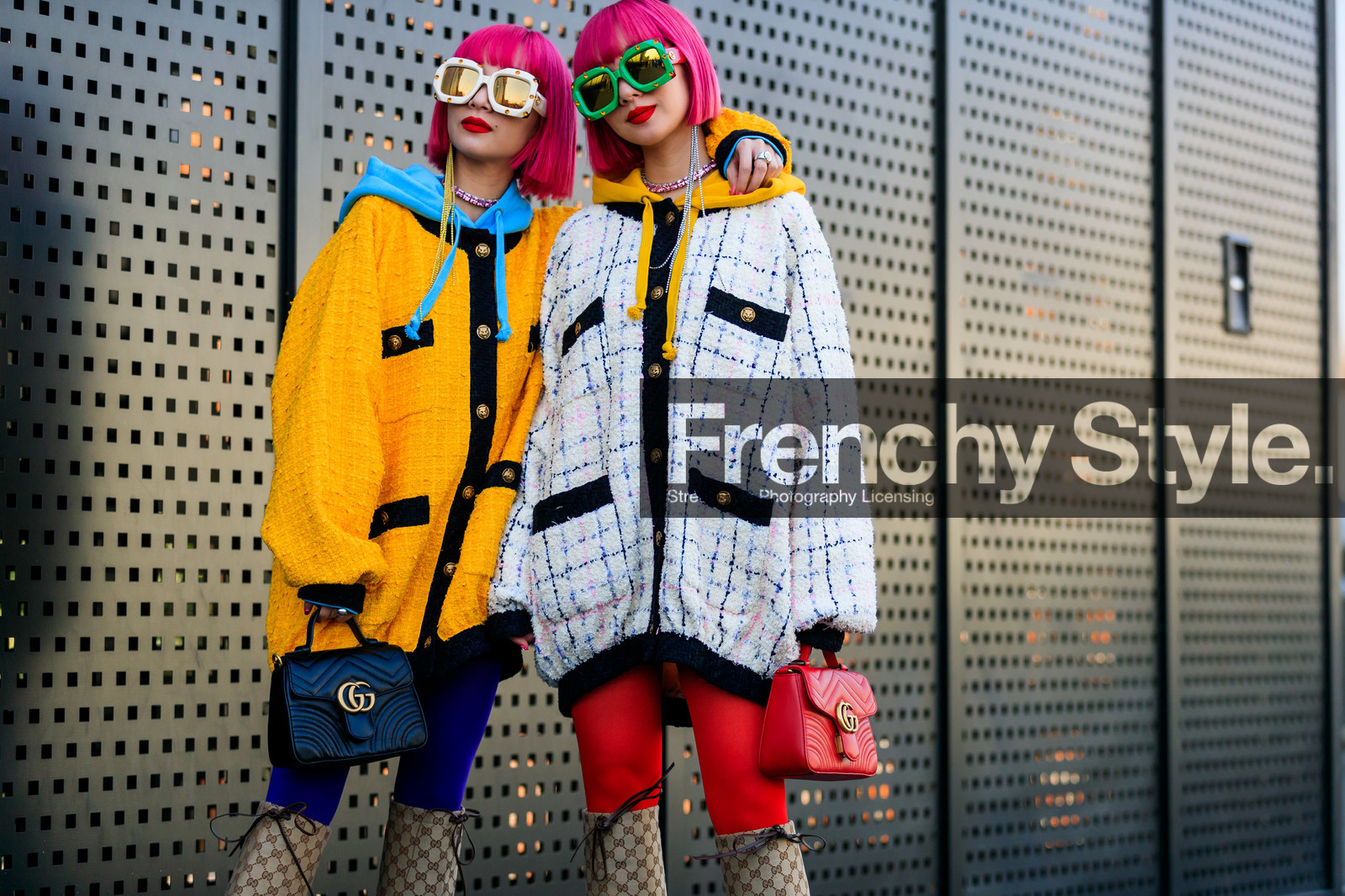 Ami and Aya Suzuki, beige boots, blue sweater, checked, dyed hair, graphic jacket, gucci, high boots, hoodie, monogram, necklace, pink hair, plaid, printed jacket, red bag, sunglasses, tights, tweed jacket, white jacket, yellow jacket, fashion week, frenchystyle, FW, jonathan paciullo, street style, MFW, MILAN, AUTUMN WINTER 2019-2020, AW 19-20, FALL WINTER 2019-2020, FW 19-20, atmosphere details, detail, horizontal