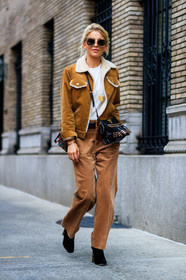 black bag, black shoes, brown jacket, brown pants, caro daur, corduroy, fashion week, fendi, frenchystyle, fringes, full length, fur collar, FW, graphic bag, high heels, jonathan paciullo, leather bag, leather shoes, NEW YORK, NYFW, prada, shearling, SPRING SUMMER 2018, SS 18, street style, studs, sunglasses, trousers, vertical, white fur, white t shirt