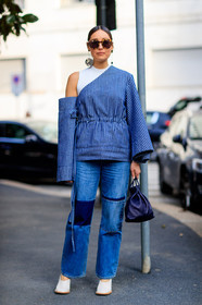 asymetric, AUTUMN WINTER 2017-2018, AW 17-18, black bag, blue denim, blue shirt, denim pants, earrings, FALL WINTER 2017-2018, fashion week, frenchystyle, full length, FW, FW 17-18, graphic shirt, jeans, jonathan paciullo, leather bag, leather shoes, MFW, MILAN, printed pants, printed shirt, rachael wang, street style, striped shirt, stripes, sunglasses, trousers, vertical, white shoes