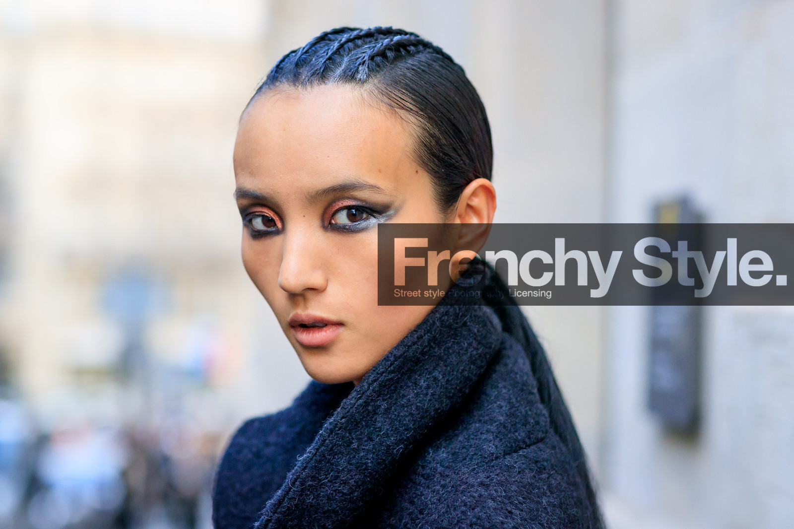 atmosphere details, AUTUMN WINTER 2017-2018, AW 17-18, black coat, black jacket, braids, detail, eyeliner, eyeshadow, FALL WINTER 2017-2018, fashion week, frenchystyle, FW, FW 17-18, horizontal, jonathan paciullo, luping wang, model, PARIS, PFW, portrait, street style