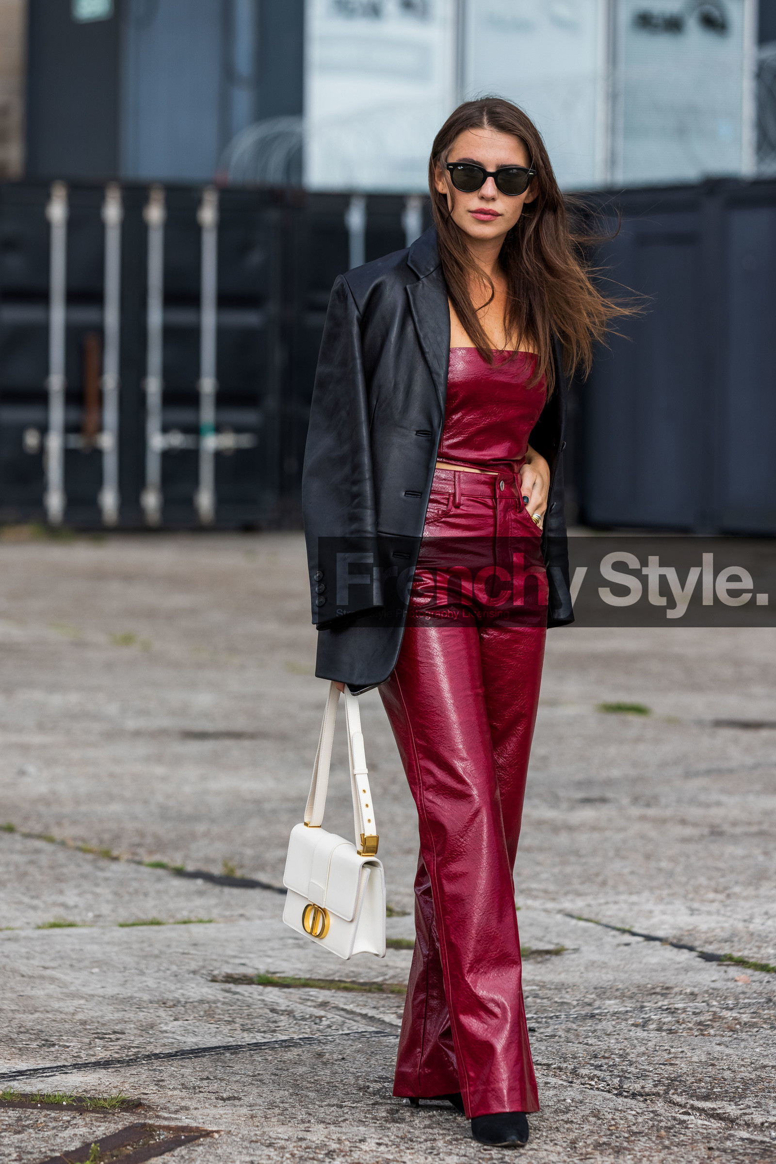 Sarah-Lou Falk, black leather jacket, red leather pants, red leather top, burgundy leather pants, burgundy leather top, strapless top, cropped top, flare pants, animal skin top, animal skin pants, white leather bag, dior bag, 30 montaigne bag, fashion week, frenchystyle, FW, jonathan paciullo, street style, SPRING SUMMER 2022, SS 22, COPENHAGEN, CPHFW, vertical, full length