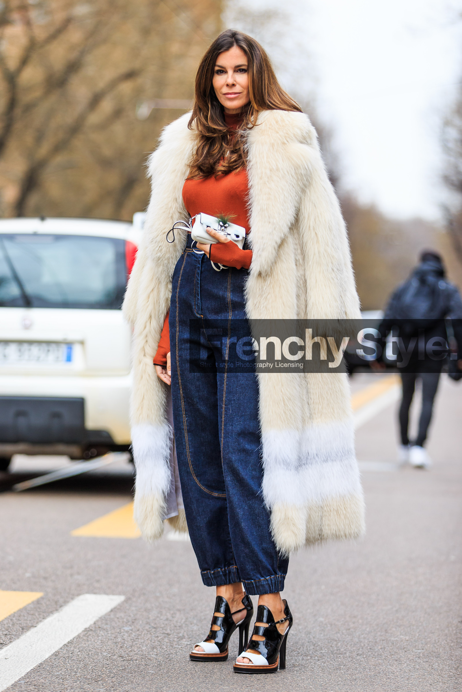 AUTUMN WINTER 2016-2017, AW 16-17, black shoes, blue denim, denim pants, FALL WINTER 2016-2017, fashion week, fendi, frenchystyle, full length, fur coat, FW, FW 16-17, high heels, high waist, jeans, jonathan paciullo, leather shoes, LFW, LONDON, MENSWEAR, open toe, over the shoulder, see through, street style, sweatpants, trousers, vertical, white coat, white fur