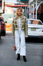 sabina socol, kaki jacket, patchwork jacket, polish jacket, vinyl jacket, light pink jacket, cropped jacket, white jeans, cropped jeans, flare jeans, chanel bag, plastic bag, sheer bag, silvered chain strap bag, white blouse, embroidered blouse, fashion week, frenchystyle, FW, jonathan paciullo, street style, AUTUMN WINTER 2020-2021, FALL WINTER 2020-2021, FW 20-21, vertical, full length, NYFW, NEW YORK
