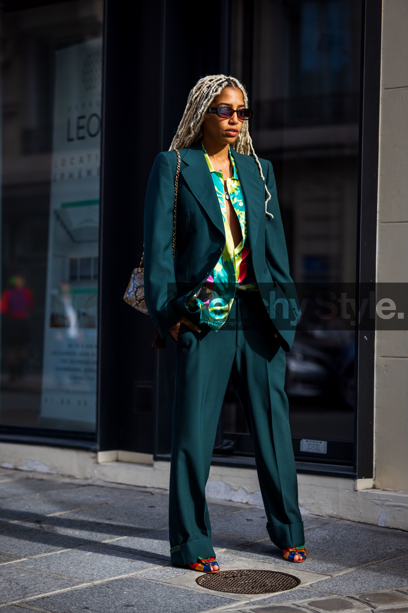 bag, blazer, color, green blazer, green pants, green shirt, green suit, pants, printed shirt, python bag, shirt, suit, sunglasses, street style, jonathan paciullo, FW, frenchystyle, fashion week, PFW, PARIS, SPRING SUMMER 2022, SS 22, vertical, full length