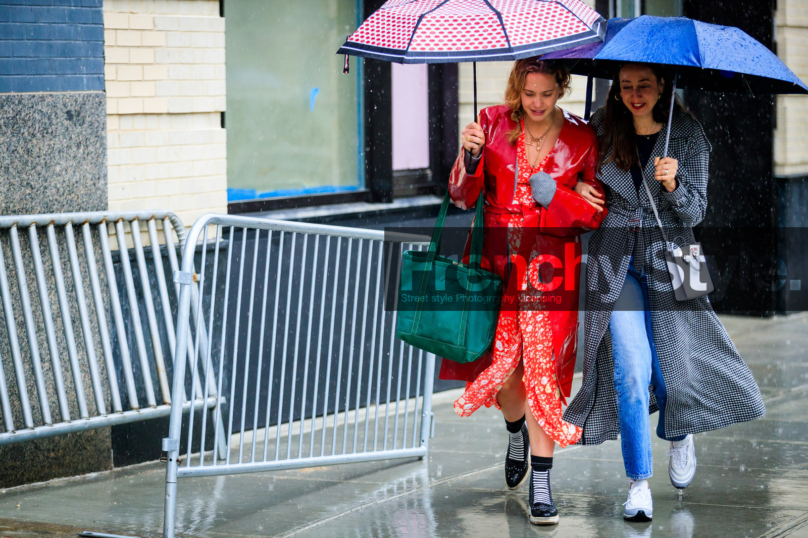 black shoes, blue denim, checked coat, denim pants, gingham, graphic dress, green bag, grey bag, jeans, leather bag, leather shoes, printed coat, printed dress, red coat, red dress, trench coat, trousers, umbrella, white sneakers, street style, jonathan paciullo, FW, frenchystyle, fashion week, NYFW, NEW YORK, AUTUMN WINTER 2018-2019, AW 18-19, FALL WINTER 2018-2019, FW 18-19, atmosphere details, horizontal, full length