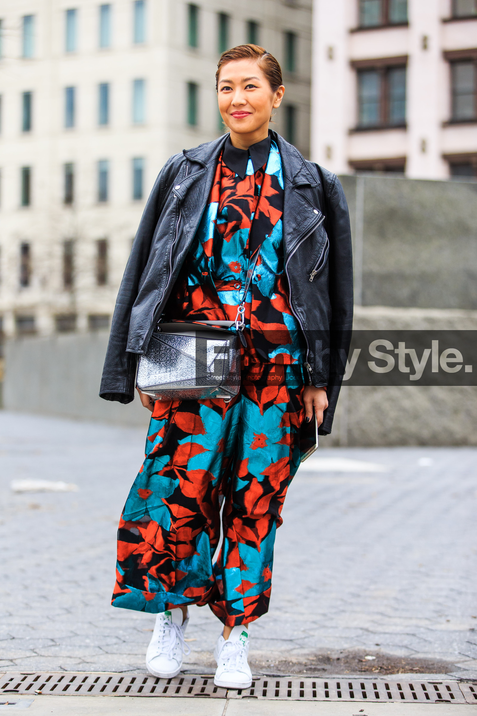 adidas, AUTUMN WINTER 2016-2017, AW 16-17, black, black jacket, black perfecto, fashion week, floral, flower, frenchystyle, full length, FW, FW 16-17, jonathan paciullo, leather bag, leather jacket, leather perfecto, leather sneakers, liz yu, loewe, NEW YORK, NYFW, printed jumpsuit, printed pants, red, silver bag, stan smith, street style, turquoise, vertical, white sneakers, wide pants, woman
