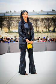 mini dior bag, mini lady dior, dior, black jacket, leather jacket, 90s hair, flared pants, leather pants, sandals, green eyeshadow, fiona zanetti, fashion week, frenchystyle, FW, jonathan paciullo, street style, AUTUMN WINTER 2022-2023, FALL WINTER 2022_2023, FW 22-23, PFW, PARIS, vertical, full length
