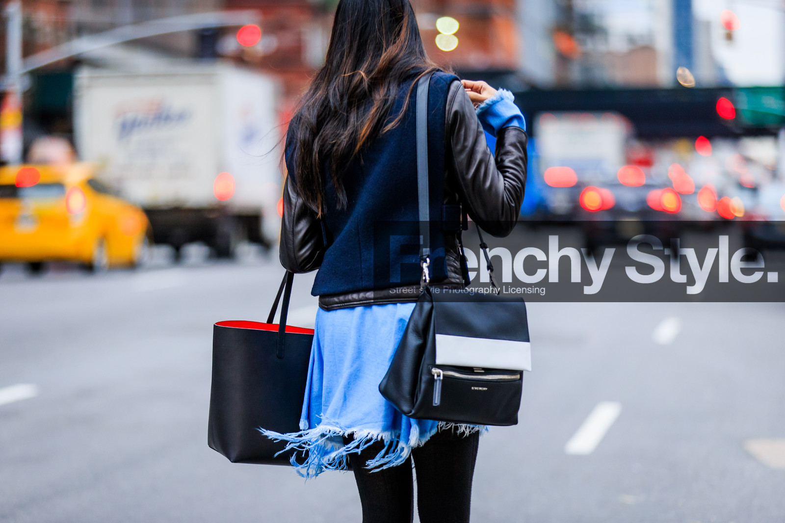 atmosphere details, AUTUMN WINTER 2016-2017, AW 16-17, black and white bag, black bag, black jacket, blue denim, denim skirt, detail, fashion week, frenchystyle, FW, FW 16-17, givenchy, horizontal, jonathan paciullo, leather bag, leather jacket, NEW YORK, NYFW, street style, teddy jacket, woman, zip