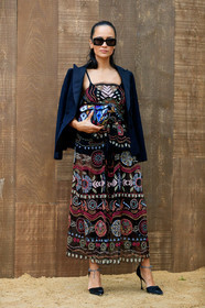 anna rosa vitiello, black jacket, black dress, sheer dress, short sleeves dress, embroidered dress, long dress, multicolor dress, embroidered bag, multicolor bag, dior bag, dior dress, dior saddle bag, ankle bracelet, black suede shoes, sharp end shoes, fashion week, frenchystyle, FW, jonathan paciullo, street style, SPRING SUMMER 2020, SS 20, PFW, PARIS, vertical, full length