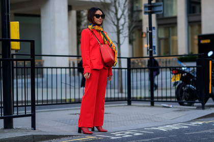 high heels, leather bag, leather shoes, printed scarf, red bag, red boots, red jacket, red pants, red suit, sunglasses, trousers, yellow scarf, fashion week, frenchystyle, FW, jonathan paciullo, street style, LFW, LONDON, AUTUMN WINTER 2018-2019, AW 18-19, FALL WINTER 2018-2019, FW 18-19, horizontal, atmosphere details, full length