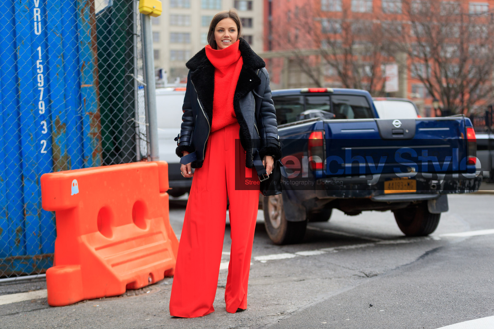 black jacket, leather jacket, red pants, red sweater, shearling, trousers, tucked in, turtleneck sweater, street style, jonathan paciullo, FW, frenchystyle, fashion week, NYFW, NEW YORK, AUTUMN WINTER 2018-2019, AW 18-19, FALL WINTER 2018-2019, FW 18-19, atmosphere details, horizontal, full length