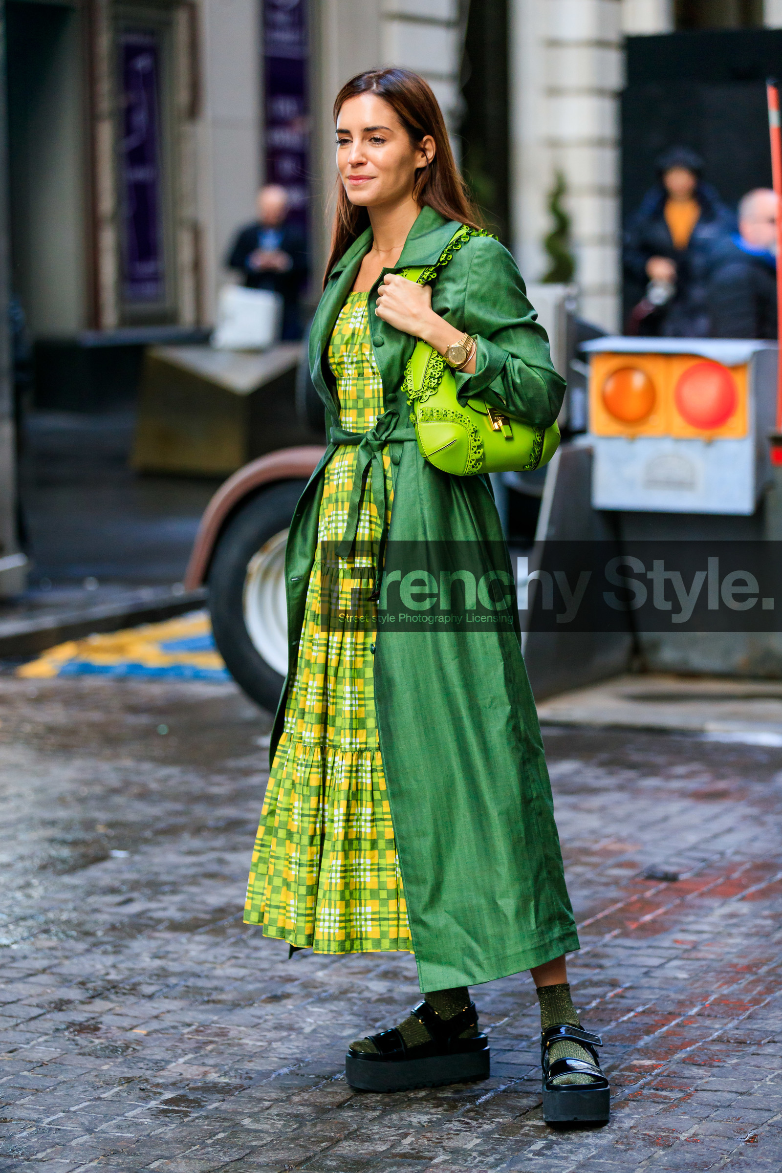 black shoes, gala gonzalez, graphic dress, green bag, green coat, green dress, green socks, leather bag, leather coat, leather shoes, pleated dress, printed dress, tone on tone, total look green, street style, jonathan paciullo, frenchystyle, NYFW, NEW YORK, AUTUMN WINTER 2019-2020, AW 19-20, FALL WINTER 2019-2020, FW 19-20, fashion week, FW, vertical, full length