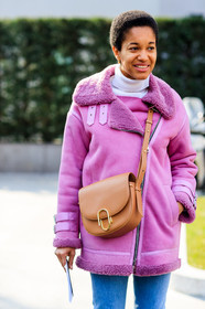 AUTUMN WINTER 2017-2018, AW 17-18, blue denim, camel bag, denim pants, detail, FALL WINTER 2017-2018, fashion week, frenchystyle, FW, FW 17-18, jeans, jonathan paciullo, leather bag, leather jacket, MFW, MILAN, pink fur, pink jacket, shearling, street style, tamu mcpherson, trousers, vertical, white turtleneck